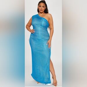 Fashion Nova One-Shoulder Blue Ribbed Maxi Dress